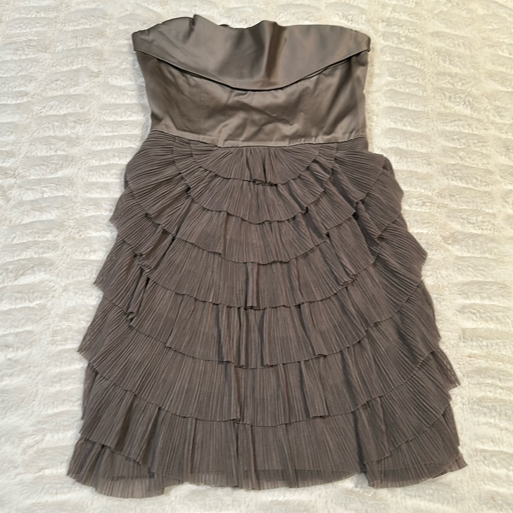 BCBG ruffle strapless cocktail or wedding guest dress.